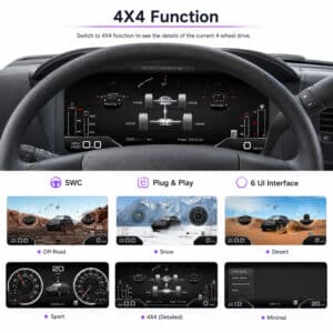 Digital dash 4X4 function screen on 15.1-inch LCD showing four-wheel drive status and drive details