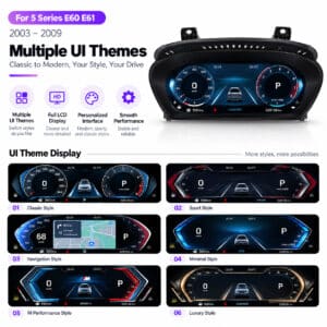 BMW E60 E61 digital instrument cluster showing multiple dashboard UI themes