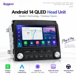LC100 LX470 Android head unit feature collage with 360 camera support for 8GB 128GB version