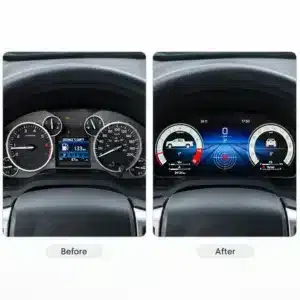 Vorher-Nachher-Vergleichsbild mit dem Original-Instrumentencluster des Toyota Tundra neben dem aktualisierten digitalen Cluster