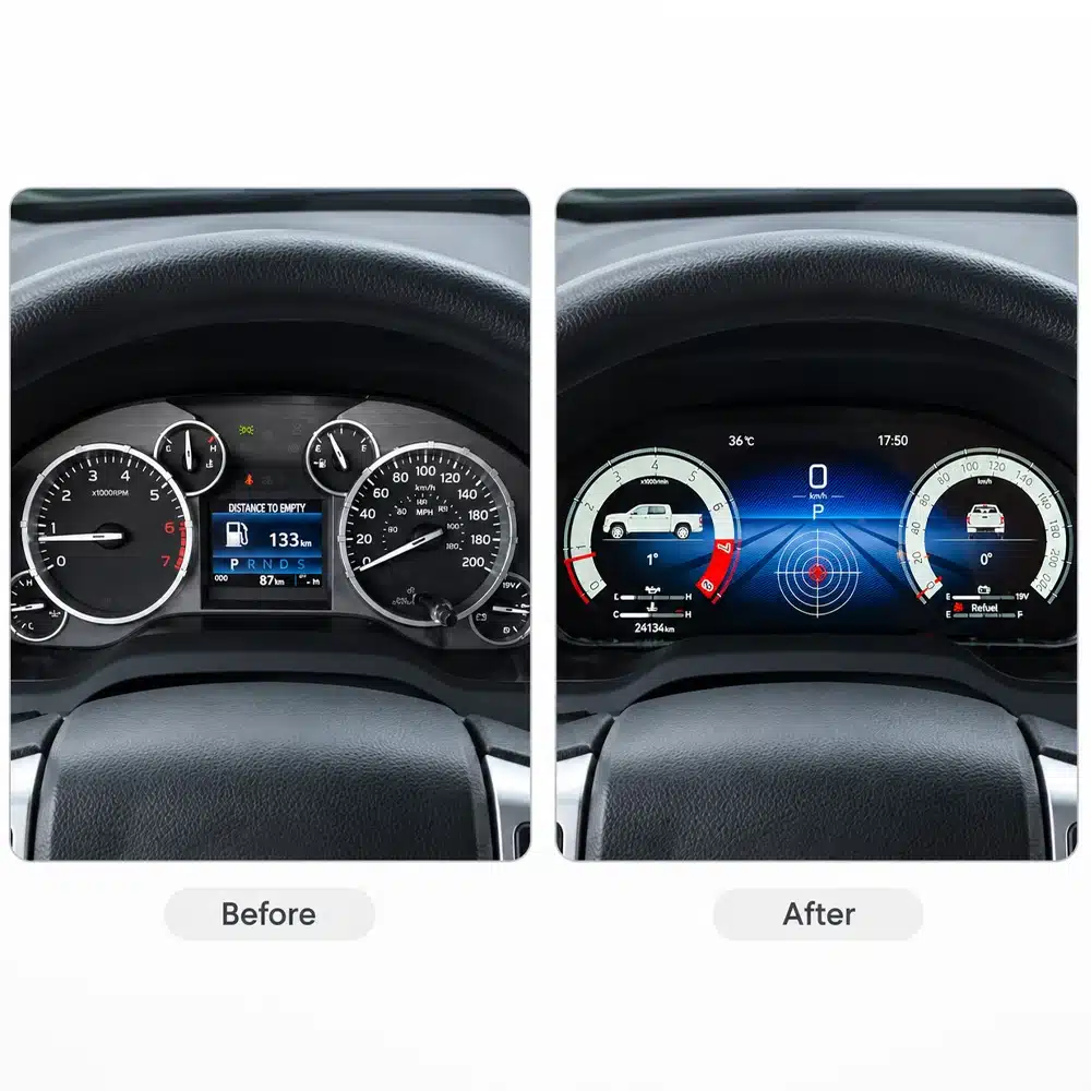 Toyota Tundra 2015 2019 Digital Cluster Before After 01 Vorher-Nachher-Vergleichsbild mit dem Original-Instrumentencluster des Toyota Tundra neben dem aktualisierten digitalen Cluster