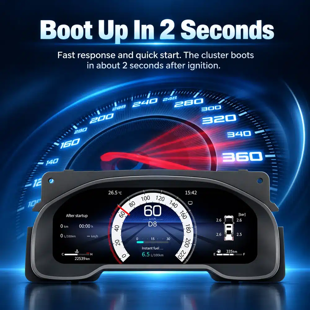 Toyota Tundra 2015 2019 Digital Cluster Boot Screen Ui 01 Product UI image showing the Toyota Tundra digital cluster with a speedometer-themed boot display claim in the graphic.