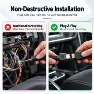 Toyota Tundra Digital Instrument Cluster 2015–2019 — CarPlay, Maps & a Modern Virtual Cockpit 6 Non-destructive installation graphic showing a plug-and-play connector comparison for the Toyota Tundra digital cluster