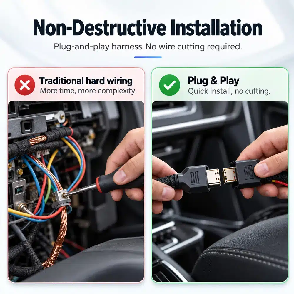 Toyota Tundra 2015 2019 Digital Cluster Plug And Play Installation 01 Non-destructive installation graphic showing a plug-and-play connector comparison for the Toyota Tundra digital cluster