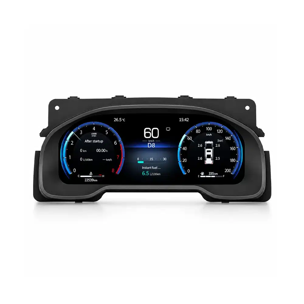 Toyota Tundra 2015 2019 Digital Cluster Product Front 01 Produktbild von vorn: digitaler Instrumentencluster für Toyota Tundra auf weißem Hintergrund, mit zweifacher Rundinstrumenten-Oberfläche