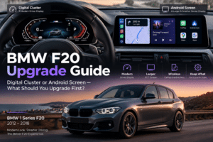 BMW F20 Upgrade Guide comparing digital cluster and Android screen cockpit upgrades